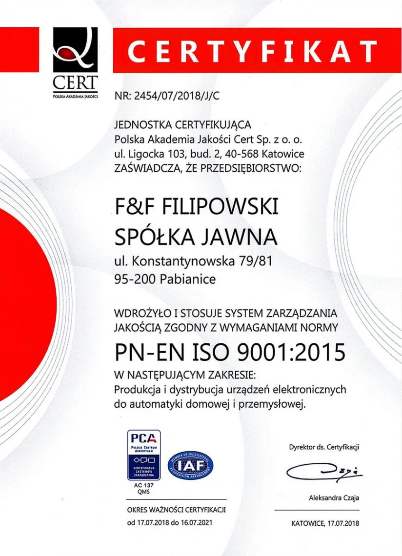 Certyfikat ISO 9001:2015 F&F Filipowski